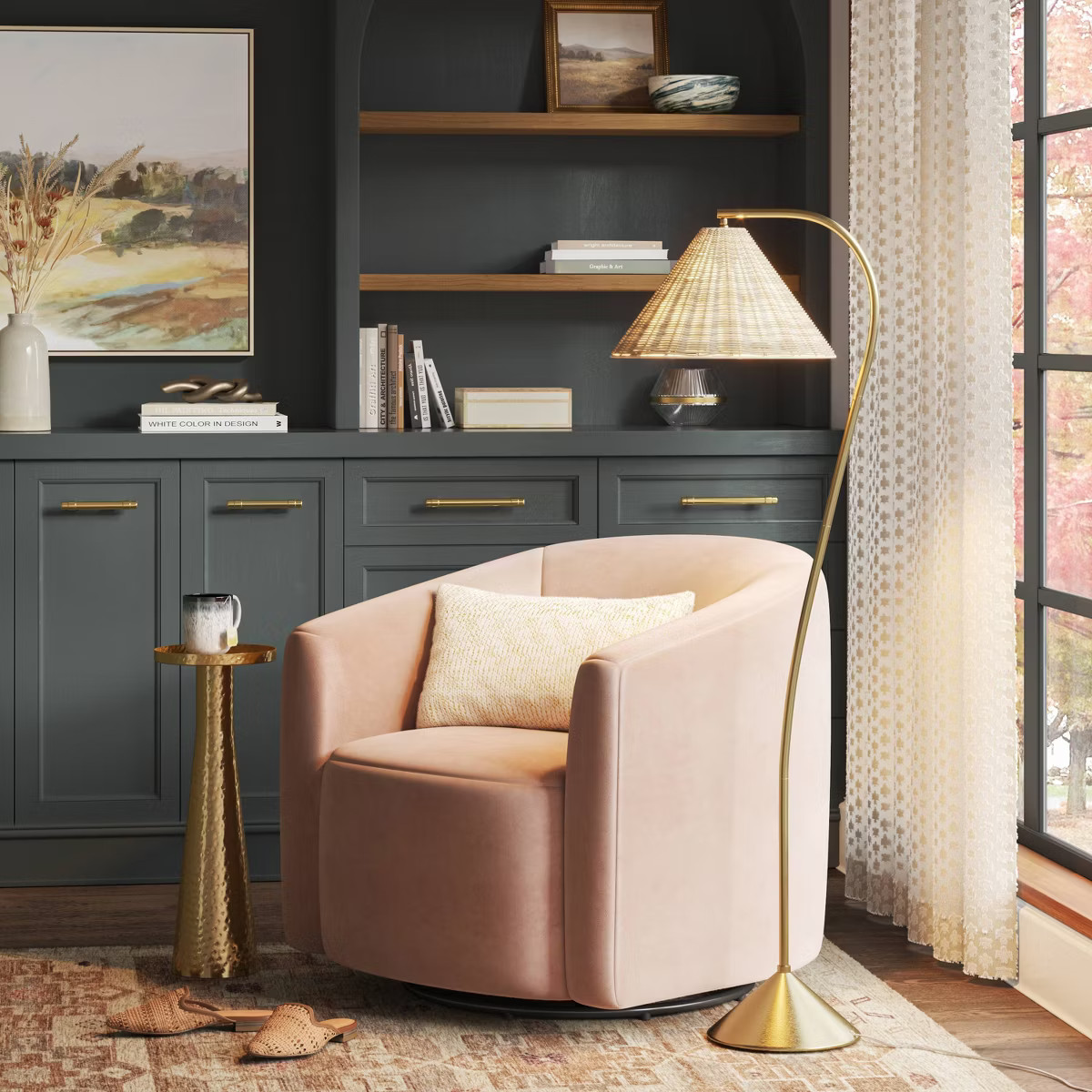 Gooseneck Floor Lamp with Natural Shade Brass - Threshold™: Adjustable, Rattan Shade, ETL Liste... | Target