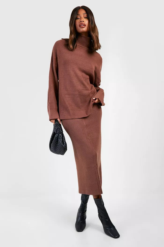 Fine Gauge Roll Neck Jumper And Skirt Knitted Set | Boohoo.com (UK & IE)