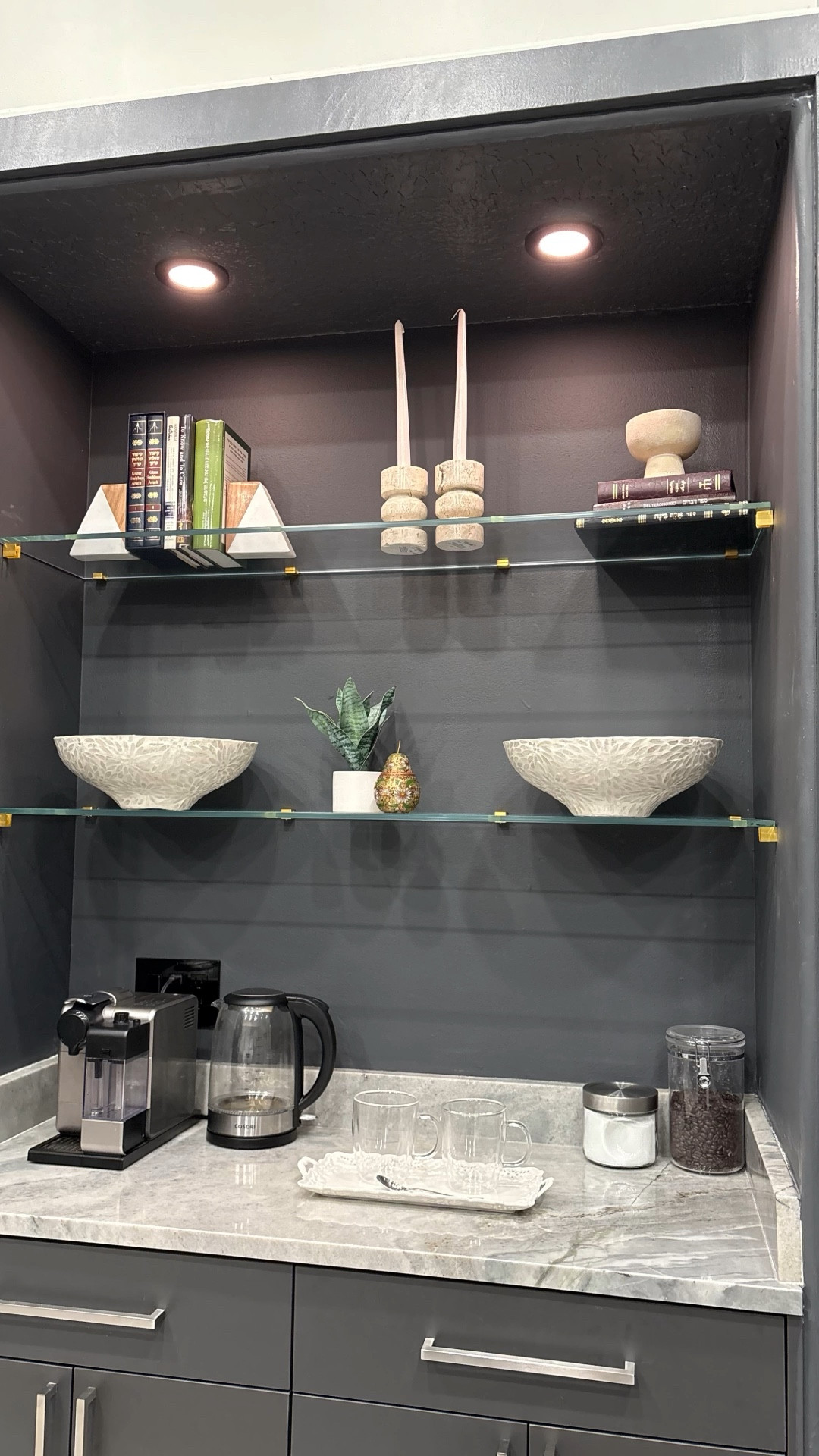 I recently made this coffee bar for my mother in law. I wanted glass shelves and I found these gorgeous gold brackets to hold it firmly 