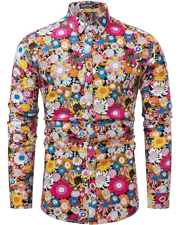 TUNEVUSE Men Floral Dress Shirts Long Sleeve Casual Button Down Flower Printed Shirts 100% Cotton | Amazon (US)