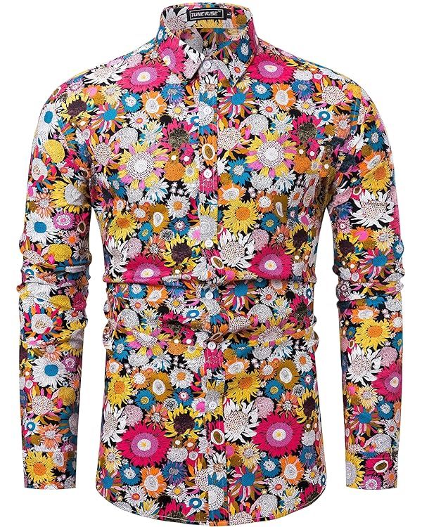TUNEVUSE Men Floral Dress Shirts Long Sleeve Casual Button Down Flower Printed Shirts 100% Cotton | Amazon (US)
