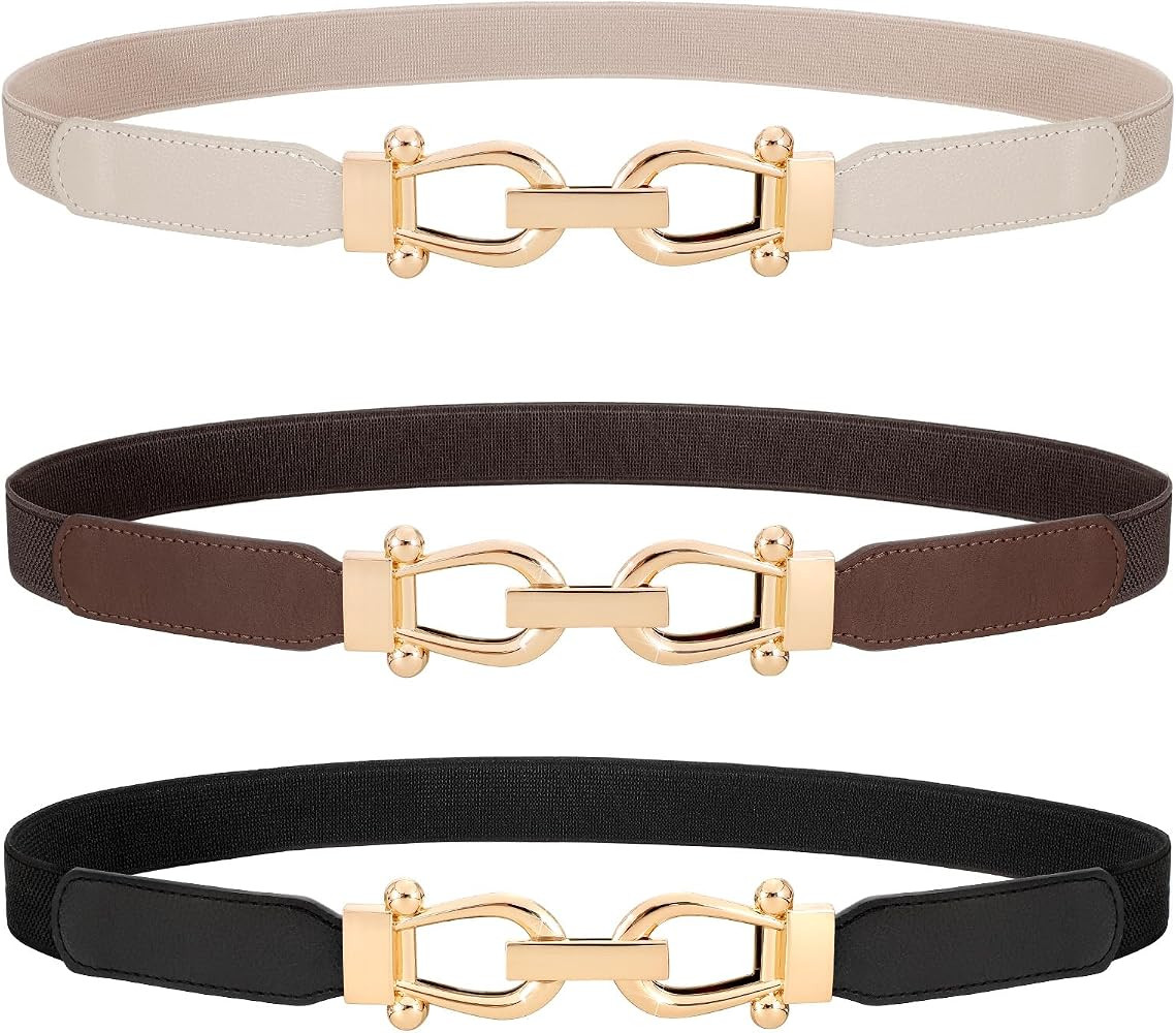 WERFORU 3 Pack Women Skinny Elastic Waist Belt Gold Buckle Stretchy Thin Belt for Jeans Dress | Amazon (US)
