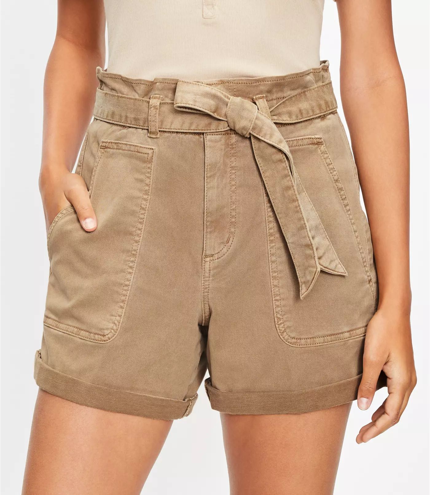 Cuffed Paperbag Pull On Shorts in Twill | LOFT | LOFT