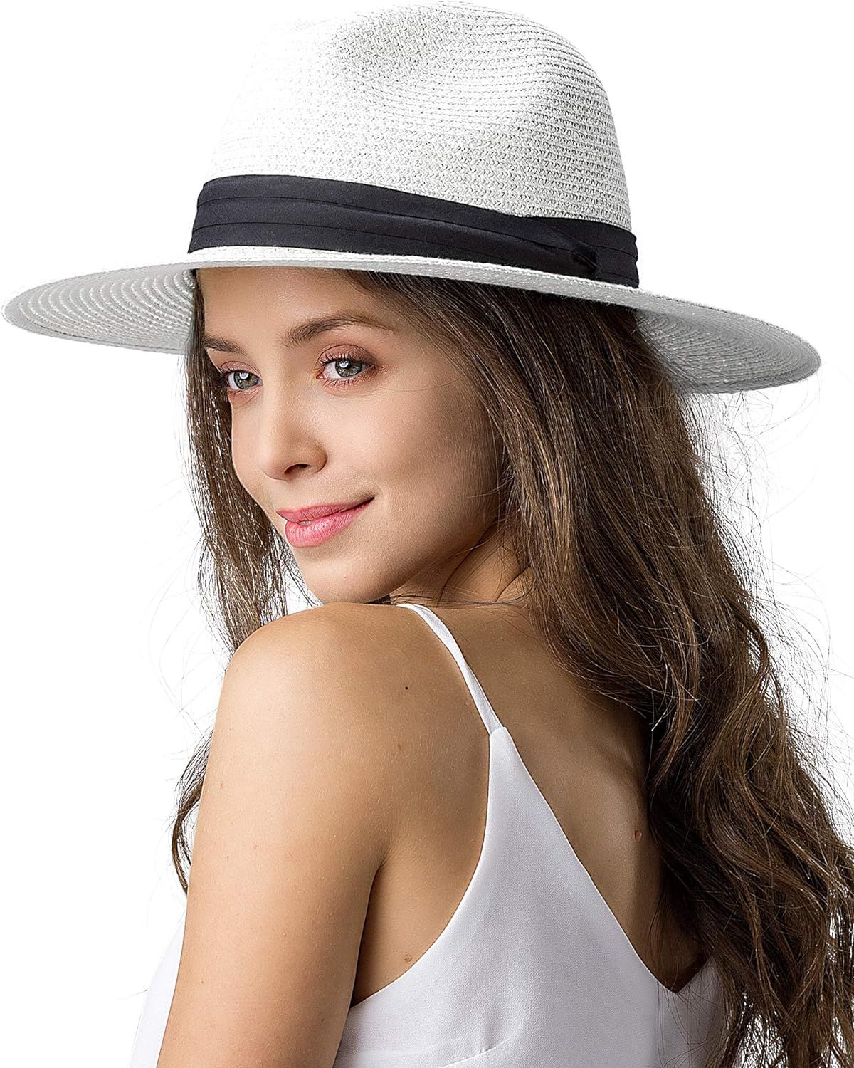 Womens Mens Wide Brim Straw Panama Hat Fedora Summer Beach Sun Hat UPF Straw Hat for Women | Amazon (US)