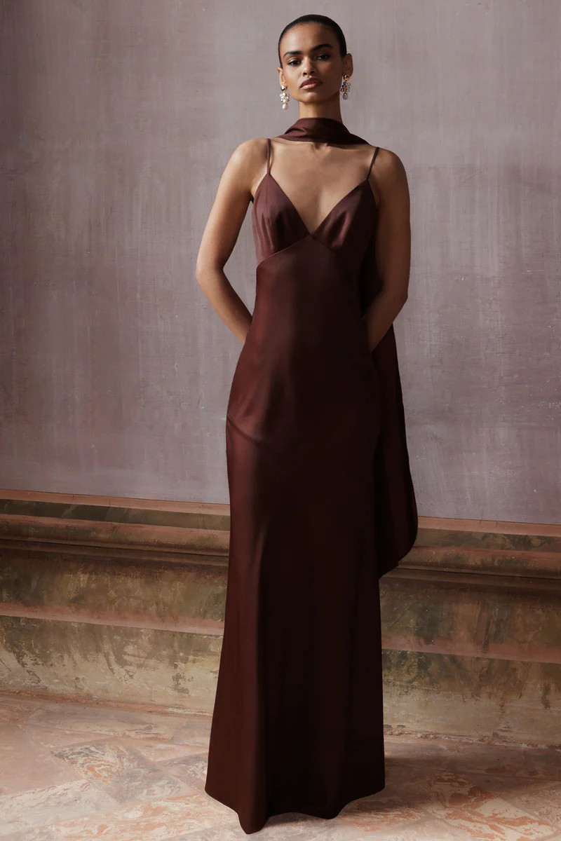 Starling  Brown Satin Plunge-Neck Maxi Dress With Scarf-Detail | Club L London