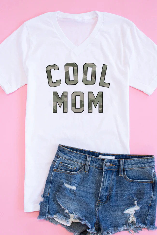 Cool Mom Camo Graphic V-Neck Tee White | The Pink Lily Boutique