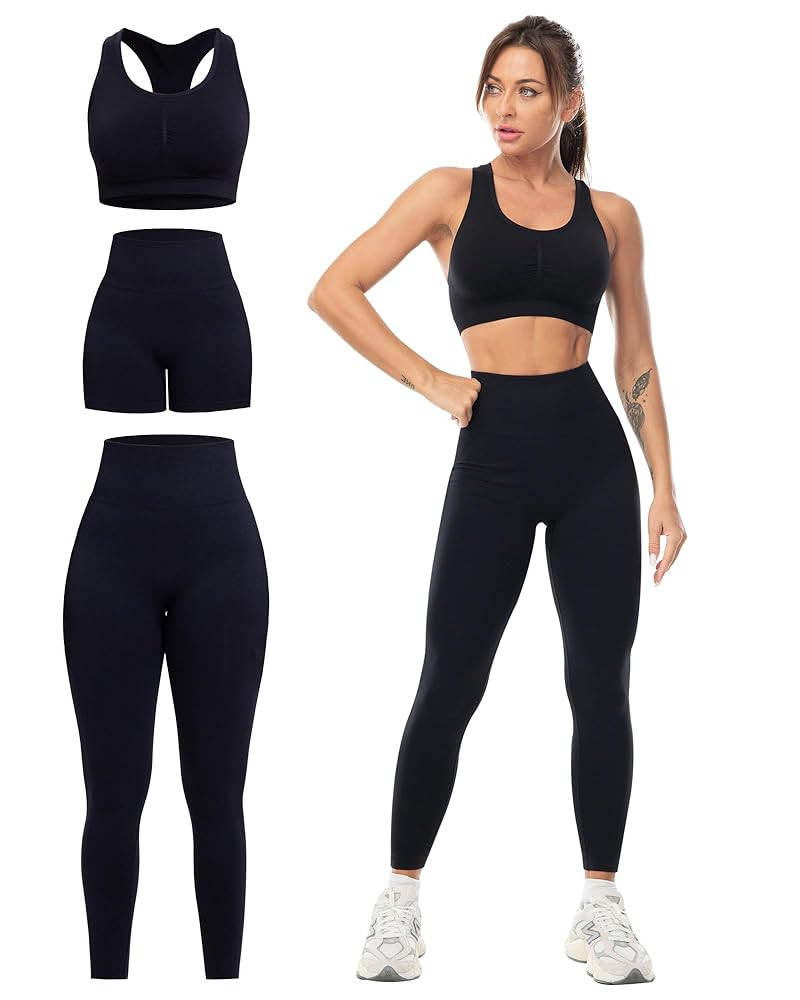 3 Piece Workout Sets for Women Butt Lifting Leggings with High Impact Sports Bra Gym Shorts | Amazon (US)