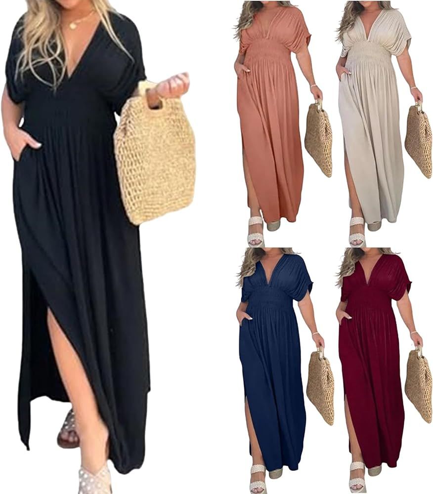 Womens Summer Dresses 2024 Batwing Short Sleeve Maxi Dress Pleated Cocktail Party Dress Split Bea... | Amazon (US)