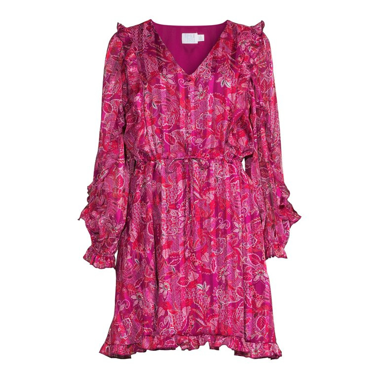 Time and Tru Women's Long Sleeve V-Neck Ruffle Dress | Walmart (US)