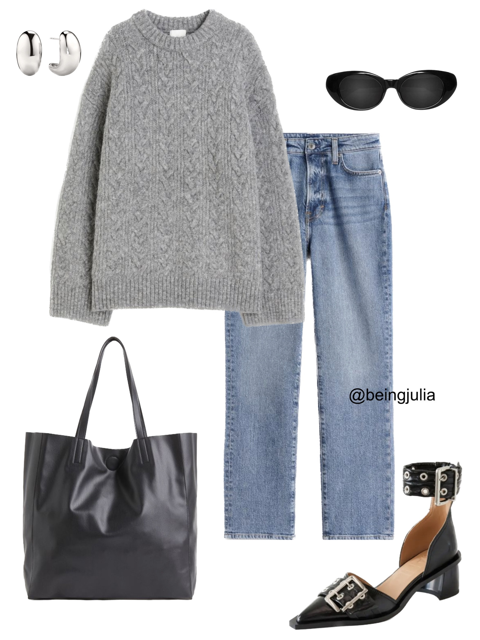 Fall outfit inspiration! Details below:
-Grey oversized grey cable knit sweater from H&M
-High rise ankle jeans in a medium wash from H&M
-Black shopping bag oversized tote from H&M
-Ganni chunky buckle open cute pumps in patent black
-Celine Triomphe 52mm sunglasses in black acetate 
-Silver dome earrings from Mejuri 


#LTKfindsunder100 #LTKSeasonal #LTKstyletip