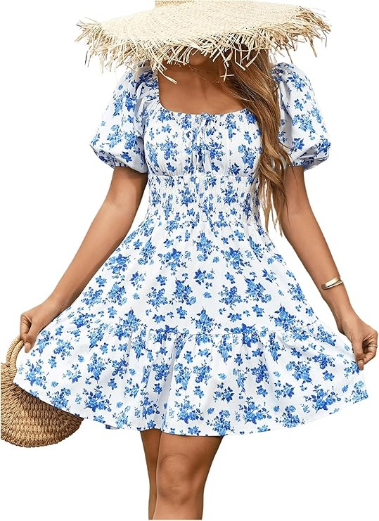 Floerns Women's Boho Square Neck Puff Short Sleeve Self Tie Front A Line Dress | Amazon (US)