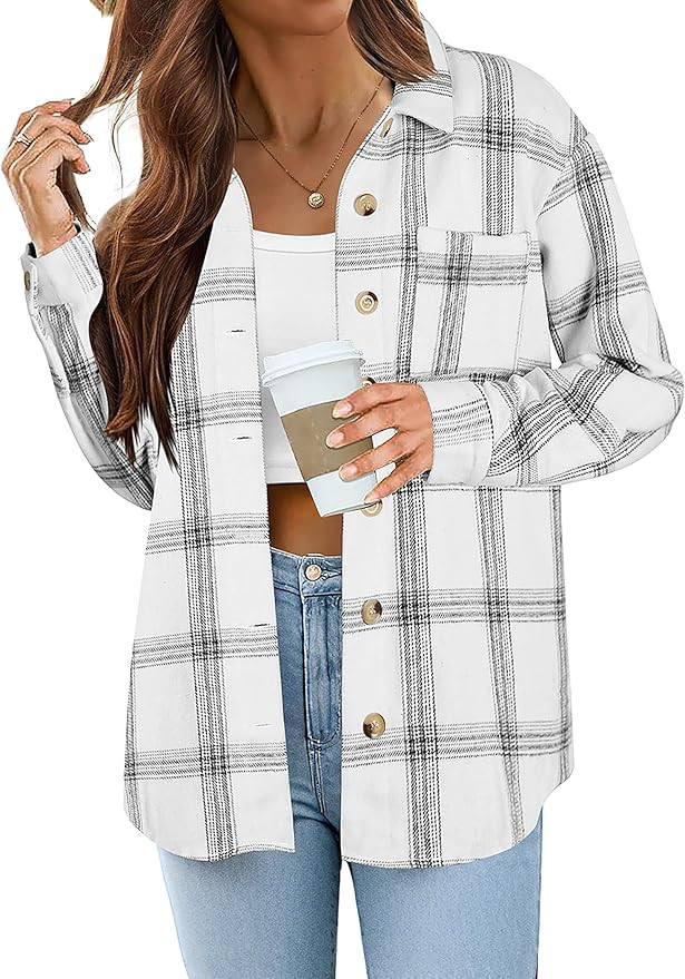Zeagoo Women Flannel Shacket Jacket Plaid Button Down Long Sleeve Shirt Fall Outfits 2024 | Amazon (US)