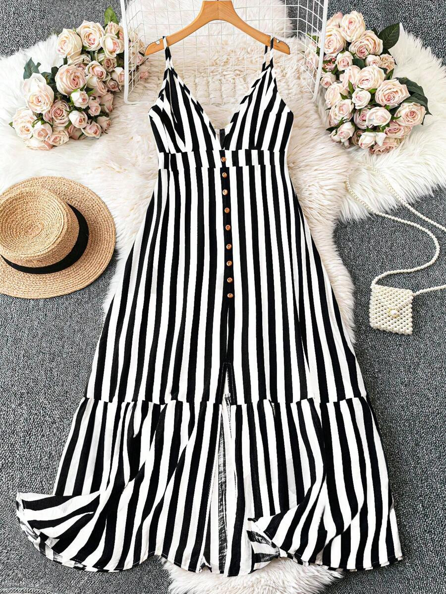 SHEIN LUNE Women's Plus Size Striped Print Cami Dress Women Outfit, For Summer | SHEIN