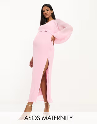 ASOS DESIGN Maternity plisse one shoulder midi dress with belt in light pink | ASOS (Global)