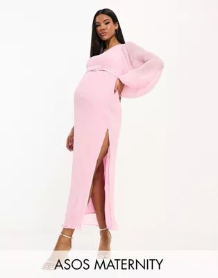 ASOS DESIGN Maternity plisse one shoulder midi dress with belt in light pink | ASOS (Global)