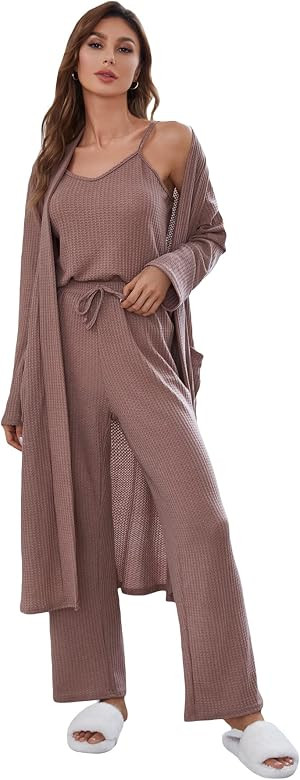 SheIn Women's 3 Piece Lounge Set Pajama Set Cami Crop Top Pants Cardigan Loungewear Sleepwear | Amazon (US)