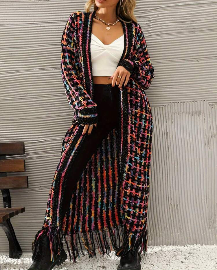 Striped Casual Fringe Large Size Elegant And Generous Long Fringe Coat Buttonless Cardigan | SHEIN