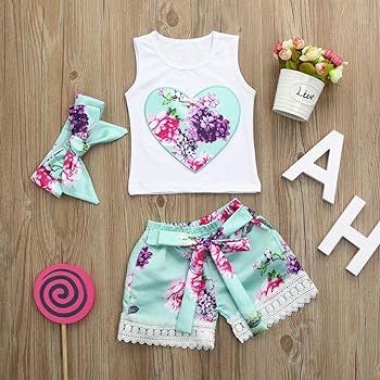 3pcs Toddler Baby Girls Clothes Summer Tops+Shorts+Headband Floral Outfits Set | Amazon (CA)