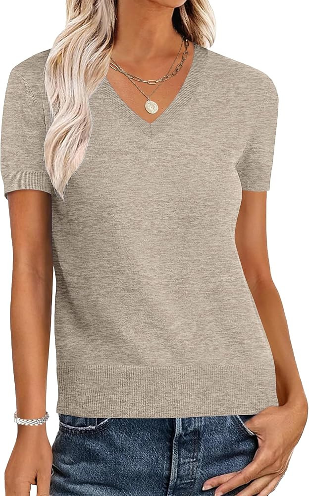 ANRABESS Women Wool Blend Sweater Summer 2026 Short Sleeve V Neck Pullover Top Business Casual Ou... | Amazon (US)