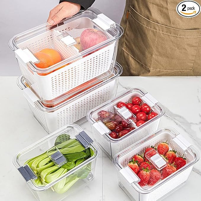 2 Pack Produce Containers with Built-in Colander, Divider and Lids, for Vegetable Fruit Storage, ... | Amazon (US)
