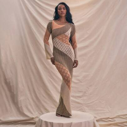 Knit Crochet Panel Long Sleeve Open Back Fitted Maxi Dress Spring Summer Holiday | SHEIN