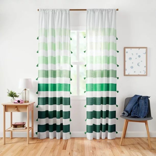 Gap Home Kids Chambray Ombre Stripe with Tassels Organic Cotton Semi-Sheer Window Curtain Pair, G... | Walmart (US)