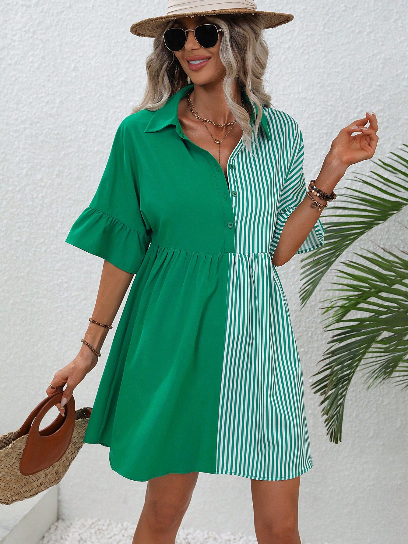 SHEIN Unity Striped Print Flounce Sleeve Shirt Dress | SHEIN