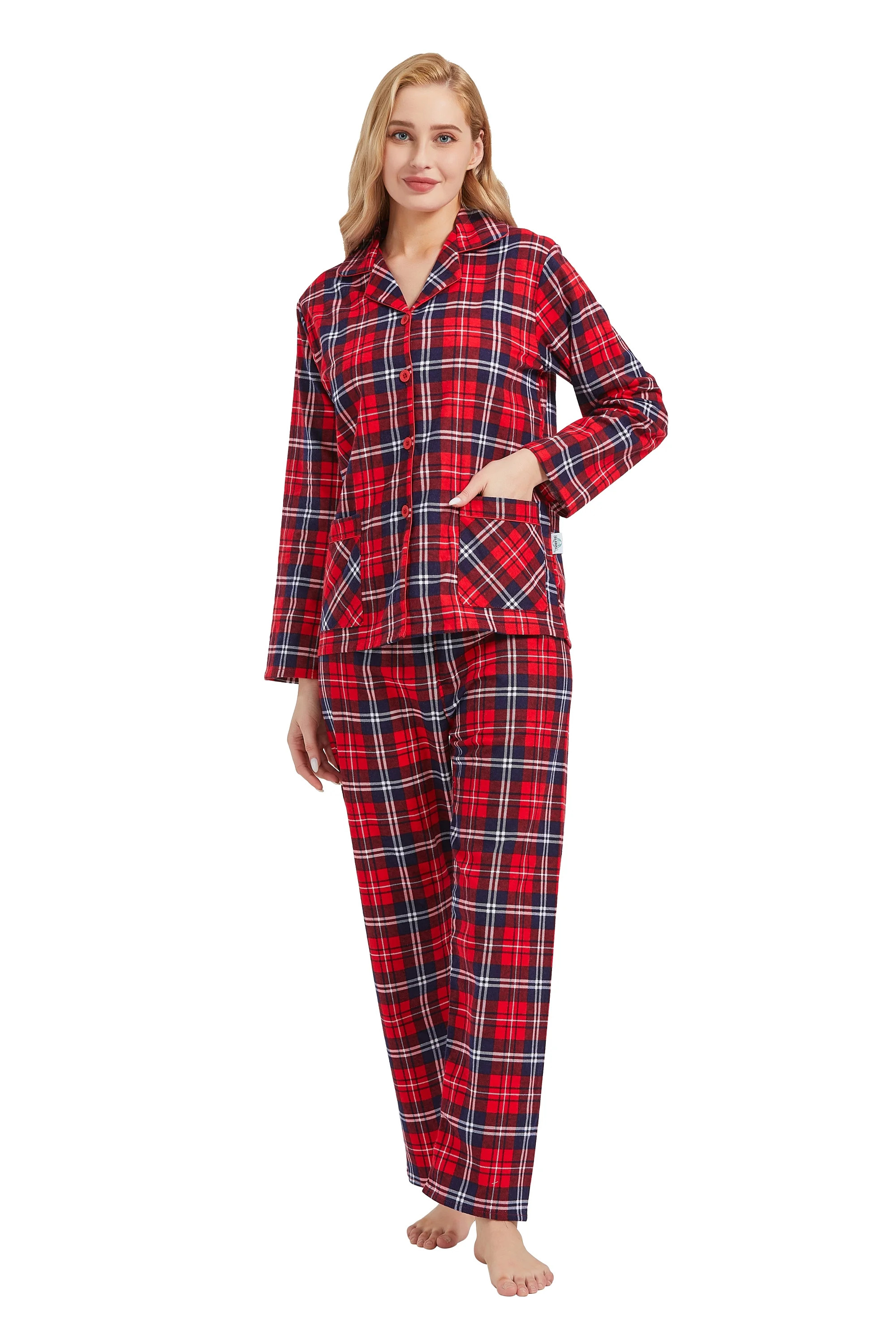 GLOBAL Women's 100% Cotton Flannel Pajama Set - Cozy Winter 2-Piece Loungewear with Button-Down T... | Walmart (US)