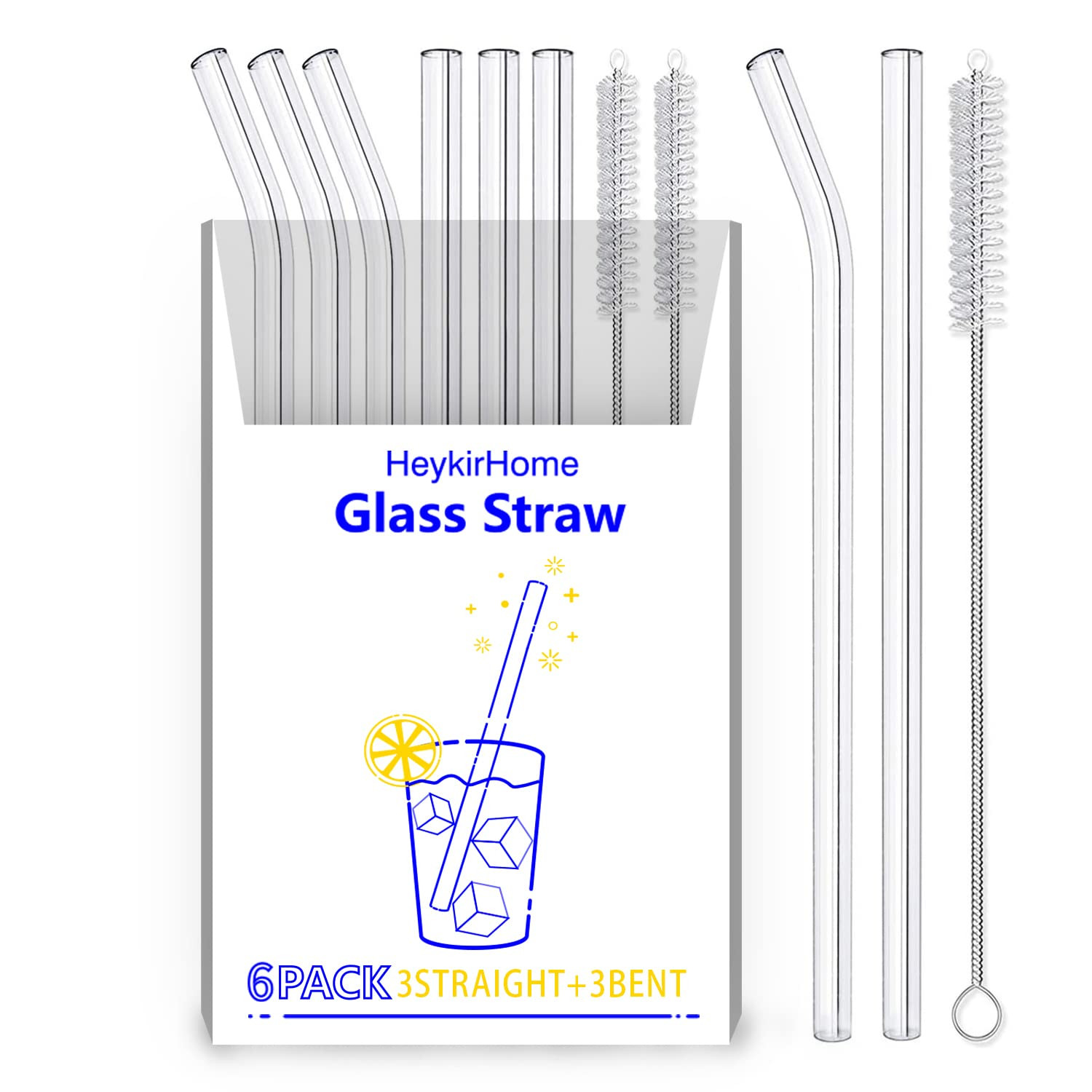 6-Pack Reusable Glass Straw-Transparent,Size 8''x10 MM,Including 3 Straight and 3 Bent with 2 Cle... | Amazon (US)