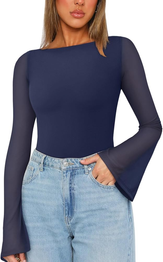 REORIA Women's Trendy Sexy Boat Neck Bell Sleeve Sheer Mesh Going Out Bodysuit Tops | Amazon (US)