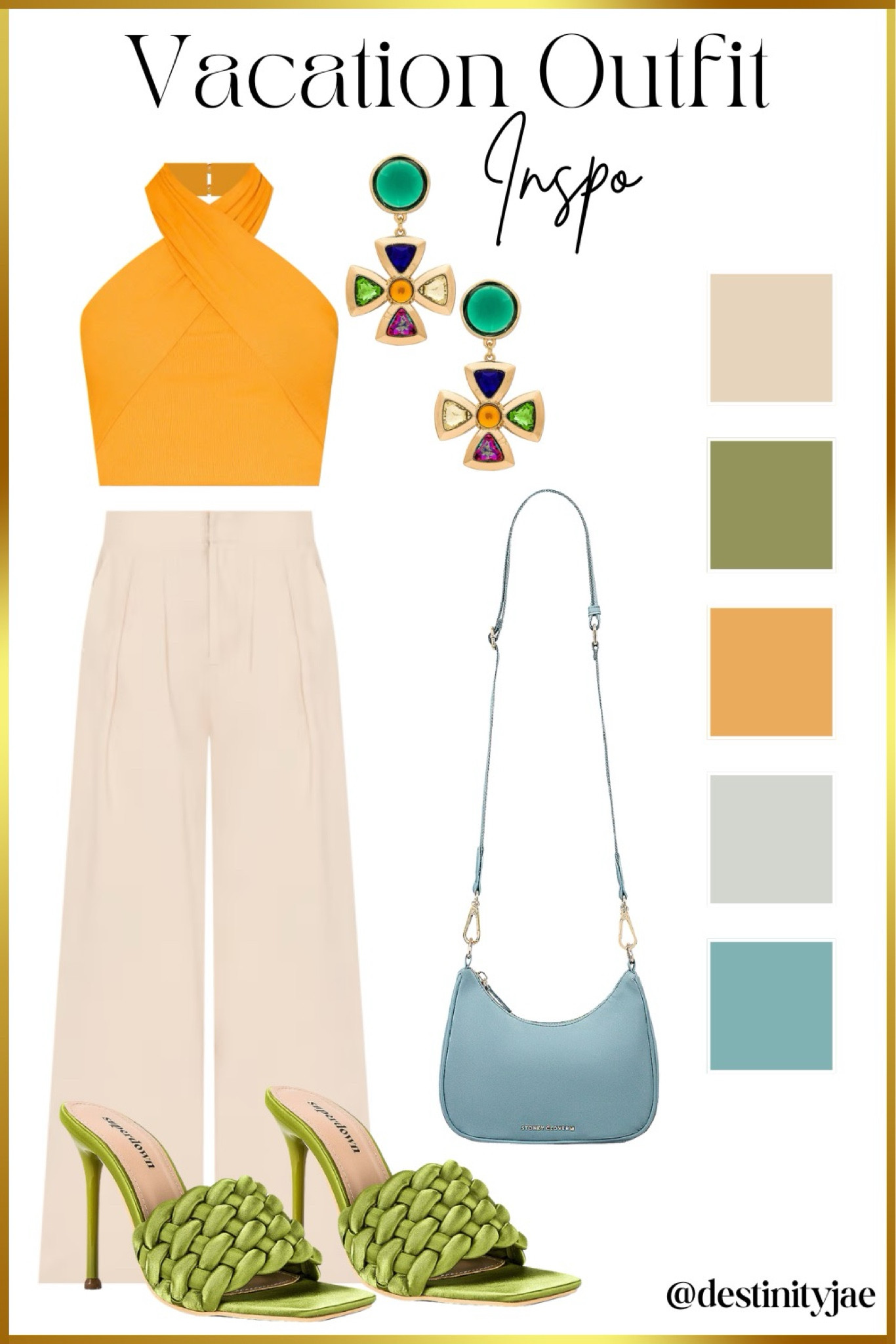 ✨ Vacation Outfit Inspo ✨

Get ready to turn heads on your next getaway with this chic vacation look! Featuring a vibrant orange halter top paired with stylish cream wide-leg pants, this outfit is both comfortable and trendy. Add a pop of color with these statement earrings and complete the look with a sleek blue crossbody bag and eye-catching green braided heels. Perfect for a day exploring the city or a night out!

#VacationOutfit #OOTD #SummerStyle #FashionInspo #LTKstyletip #LTKunder100 #LTKtravel

#LTKSummerSales #LTKTravel #LTKStyleTip