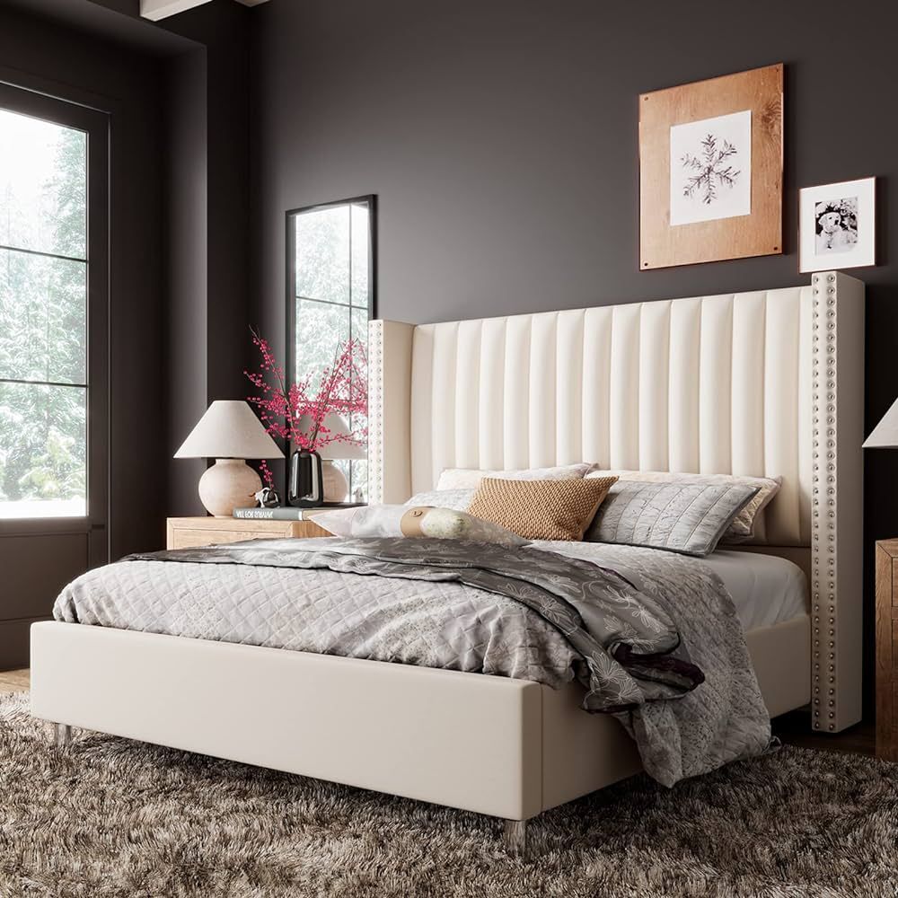 Jocisland King Bed Frame, Velvet Tufted Upholstered Platform Bed Frame and Vertical Channel Style... | Amazon (US)