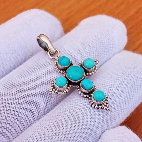 Turquoise Cross Pendant, 925 Sterling Silver, Turquoise Gemstone, Silver Cross Jesus Pendant. | Etsy (US)