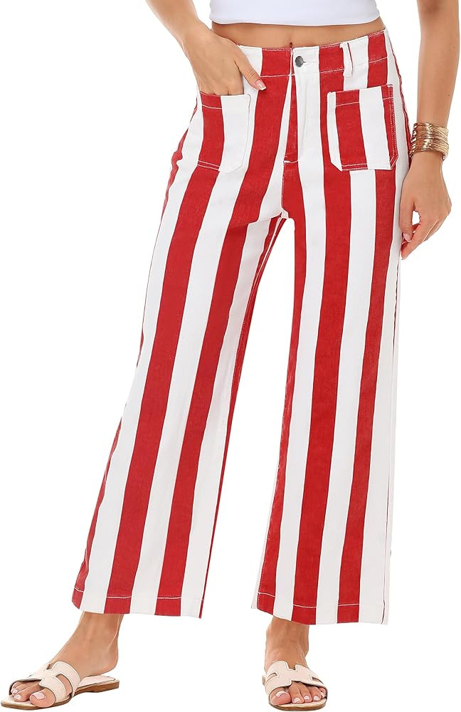 Women Striped Jeans Stretchy Cropped Vertical Denim Pants with Pockets | Amazon (US)