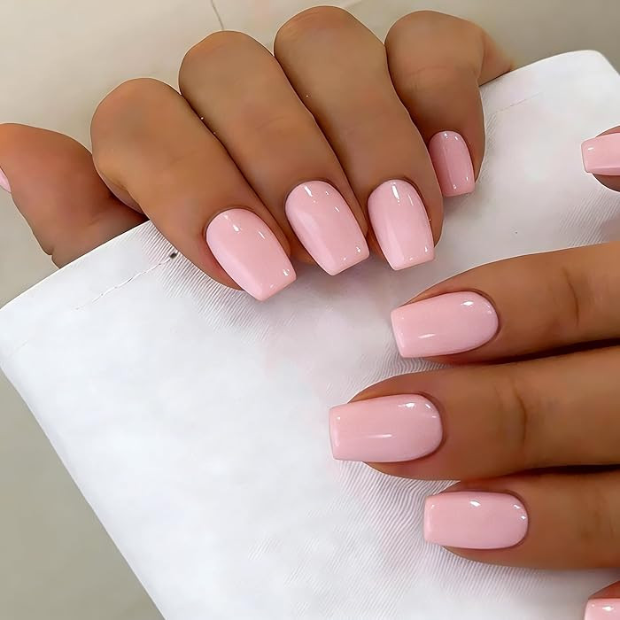 Press On Nails Short - Baby Pink Press on Nails Coffin with Glue, Glossy Simple Fake Nails Press ... | Amazon (US)