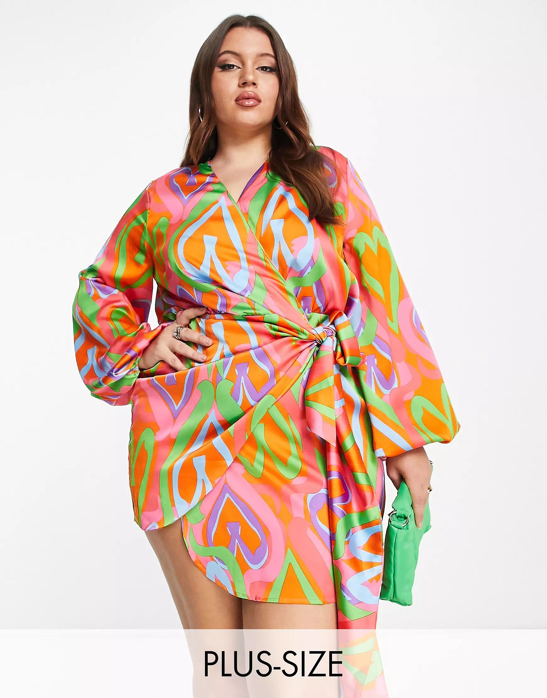 Never Fully Dressed Plus wrap mini dress in abstract heart print | ASOS (Global)