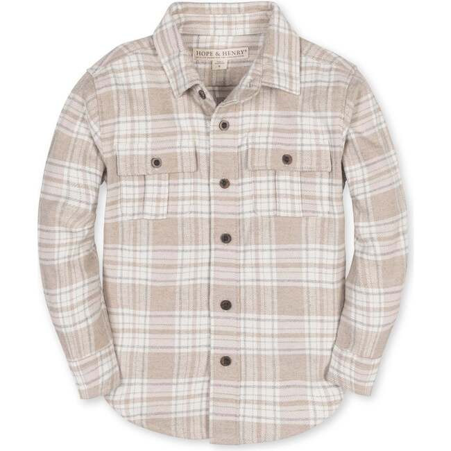 Big Kids Organic Long Sleeve Flannel Shirt with Double Flap Pockets, Taupe Heirloom Plaid | Maisonette