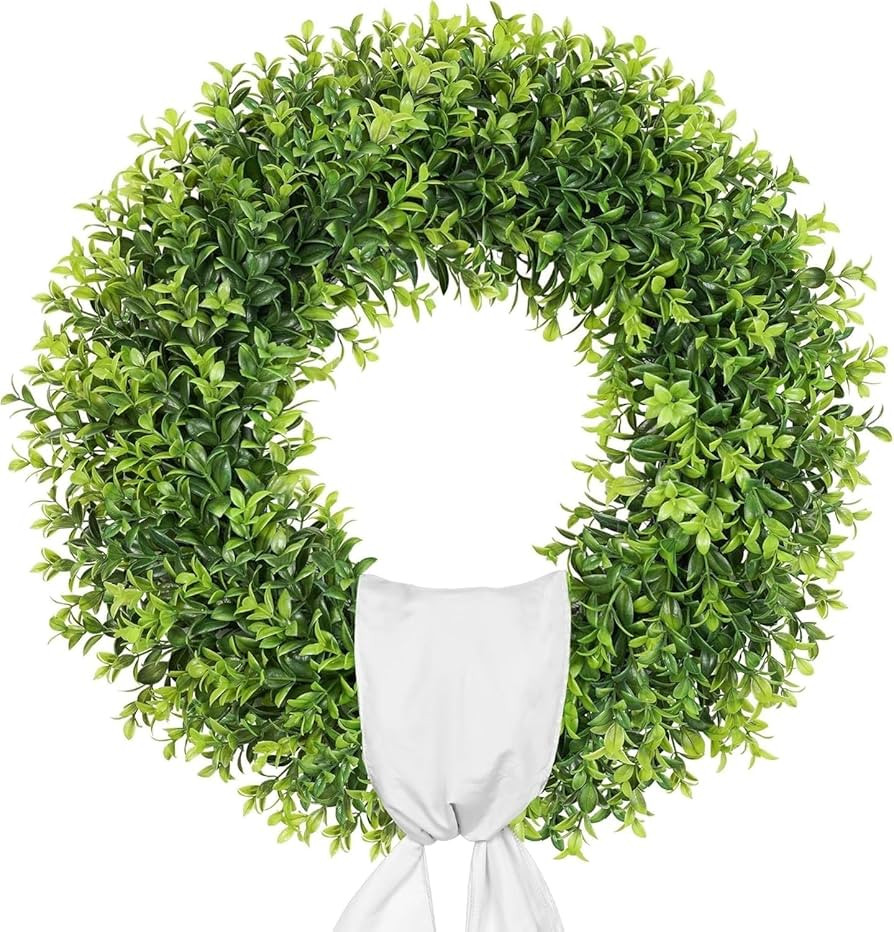 24 Inch Large Boxwood Wreath Spring Summer with Sash Artificial Green Wreaths for Front Door Farm... | Amazon (US)