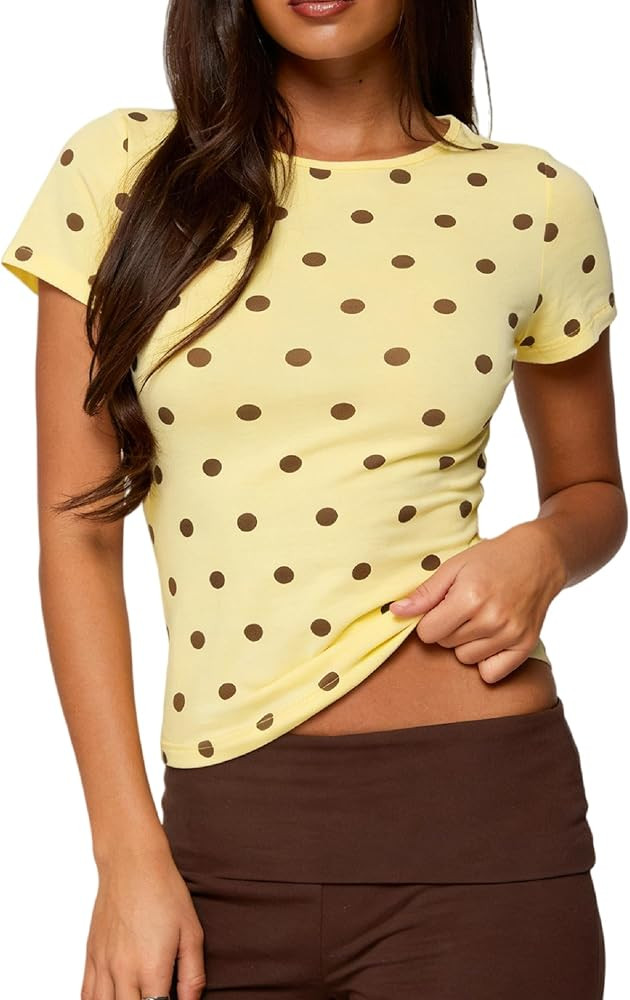 UAURORAO Women Polka Dot T Shirt Short Sleeve Stretch Slim Fit Crop Tee Tops Vintage Coquette Aes... | Amazon (US)