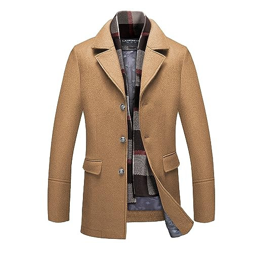 INVACHI Men's Wool Blend Trench Coat Notched Collar Single Breasted Overcoat with Detachable Plaid Scarf | Amazon (US)