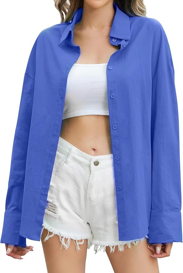 Genhoo Oversized Button Down Shirts for Women Casual Long Sleeve Candy Color V Neck Dressy Blouse... | Amazon (US)