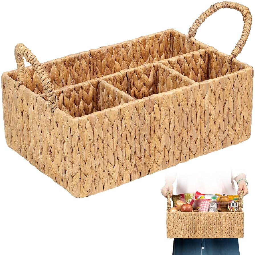 Divided Water Hyacinth Baskets with Handles, Storage Basket Woven Natural for Organizing Bathroom... | Amazon (US)