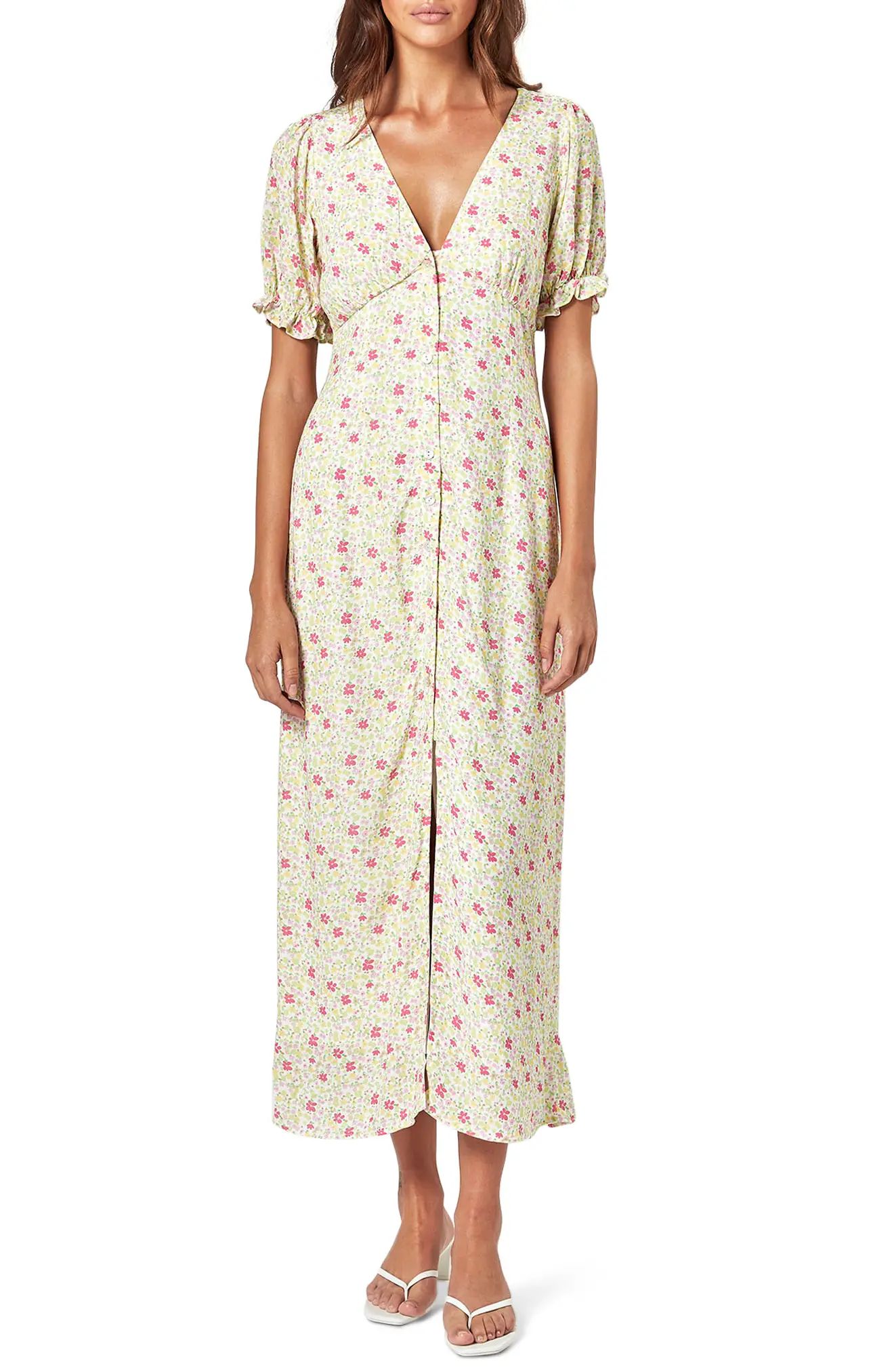 Women's Charlie Holiday Harley Floral Midi Dress, Size Medium - Yellow | Nordstrom