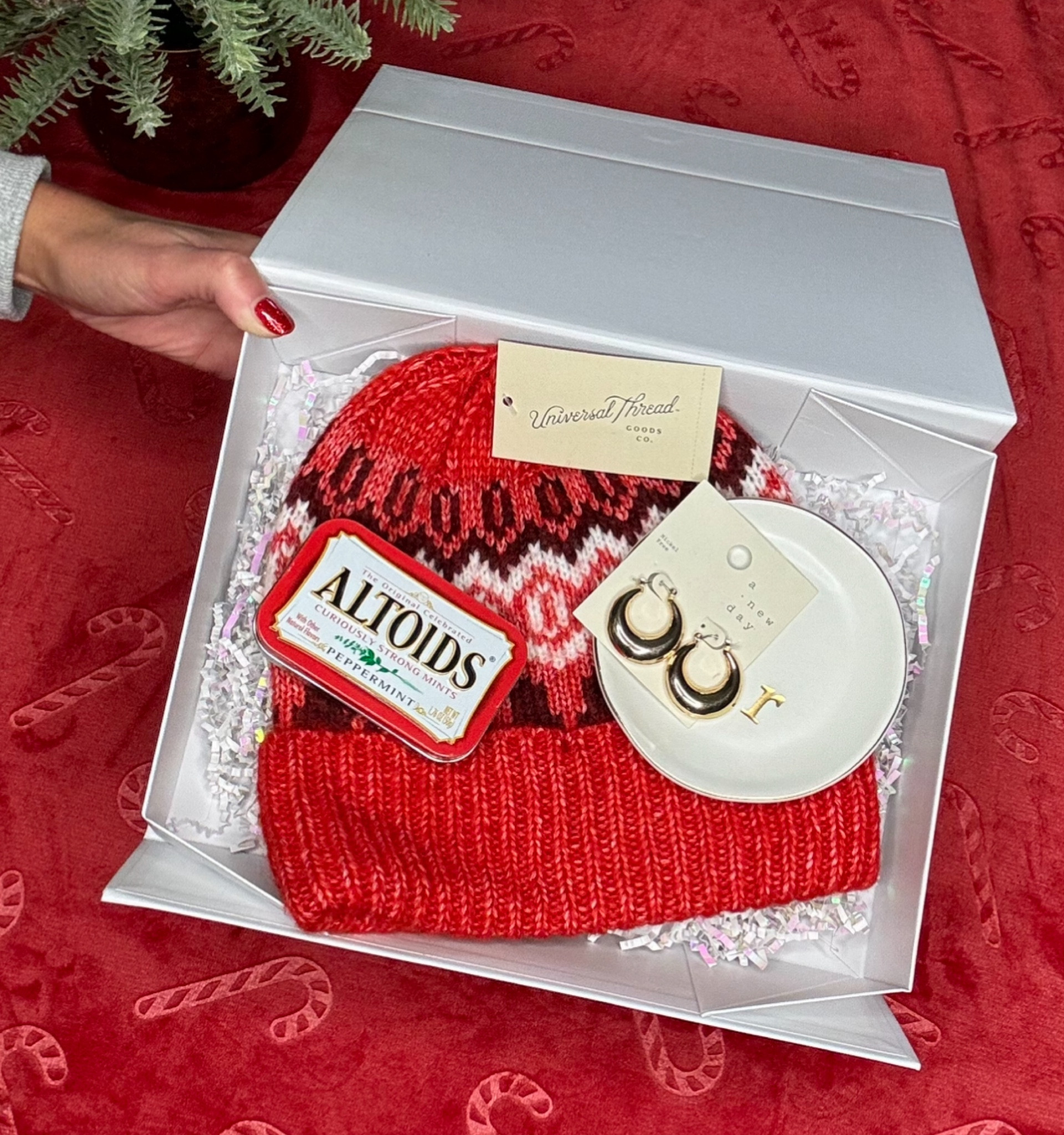 Simple gift idea. 
Target hat + earrings
Personalized jewelry dish
Peppermints 

#LTKHoliday #LTKSeasonal #LTKGiftGuide