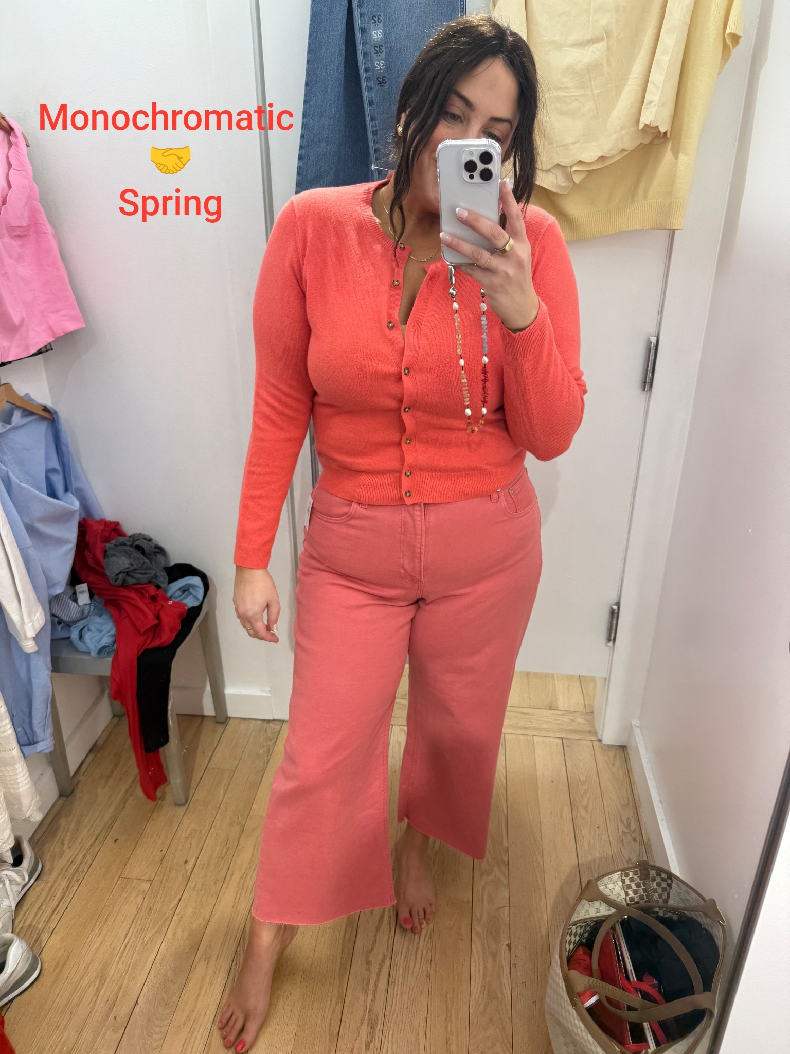 Cardigan only available in size medium in store. I would wear one size down from normal size and wear large, if in stock. So runs a little big unless you want it more loose. So soft. The pants run a little small. I would wear different underwear (supportive shaping ones) with colored denim normally too. 

#LTKFindsUnder50 #LTKMidsize