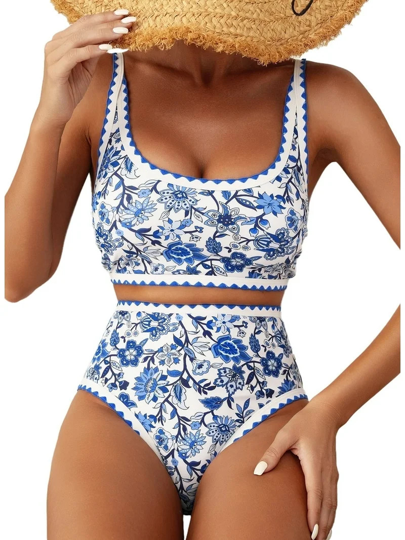 SHEWIN Women's Bikini Sets Floral Print Whip Stitch 2 Piece Swimsuits High Waisted Scoop Bathing ... | Walmart (US)