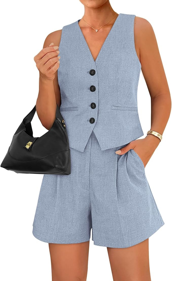 BTFBM Women's Blazer 2 Piece Outfits Summer 2025 Casual Business Clothes Sleeveless Button Down V... | Amazon (US)