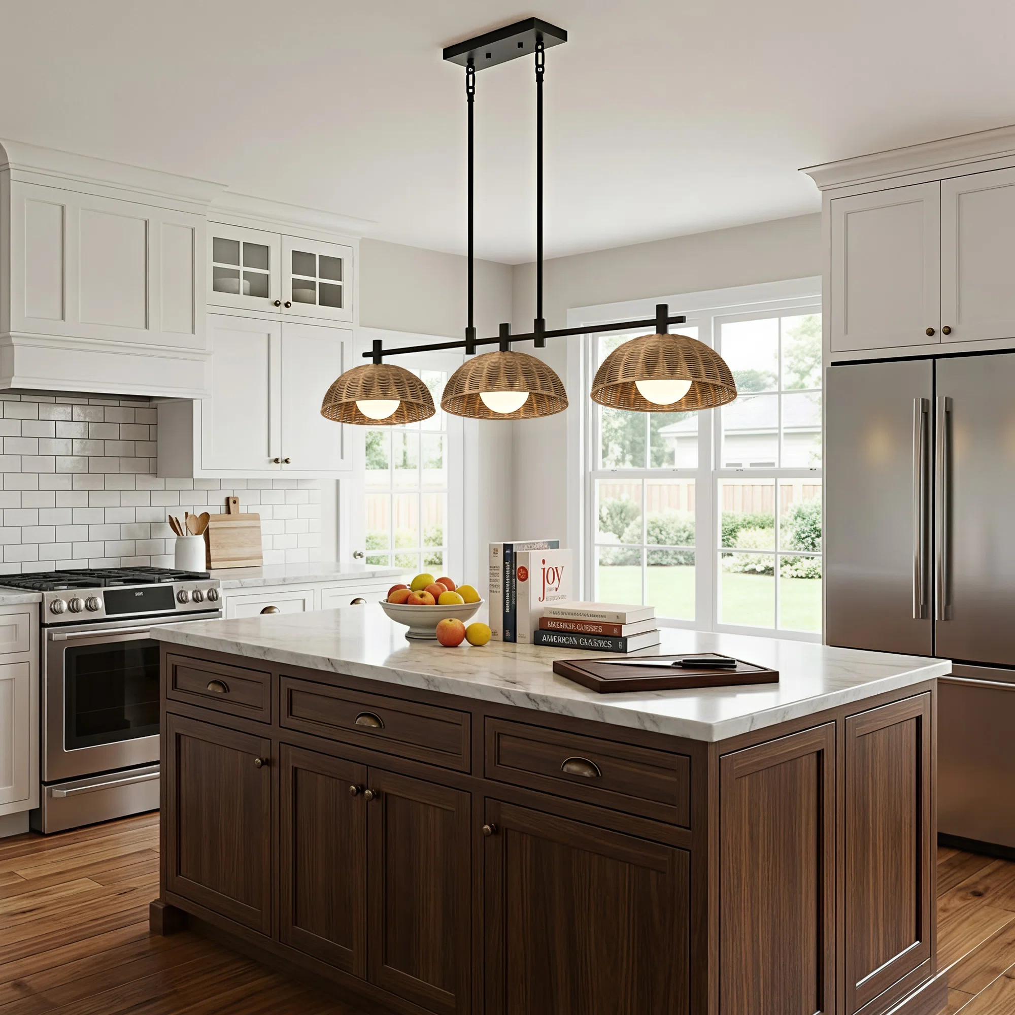 3-light 41"W Polished Brass Modern Dome Linear Pendant with Hand-woven Rattan Lampshade for Dining Room or Kitchen Island | Wayfair North America