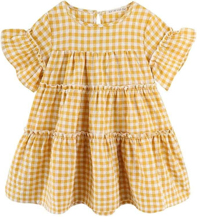 UP YO EB Little Girls Plaid Dress Summer Short Sleeved Cotton Dress for Girls | Amazon (US)