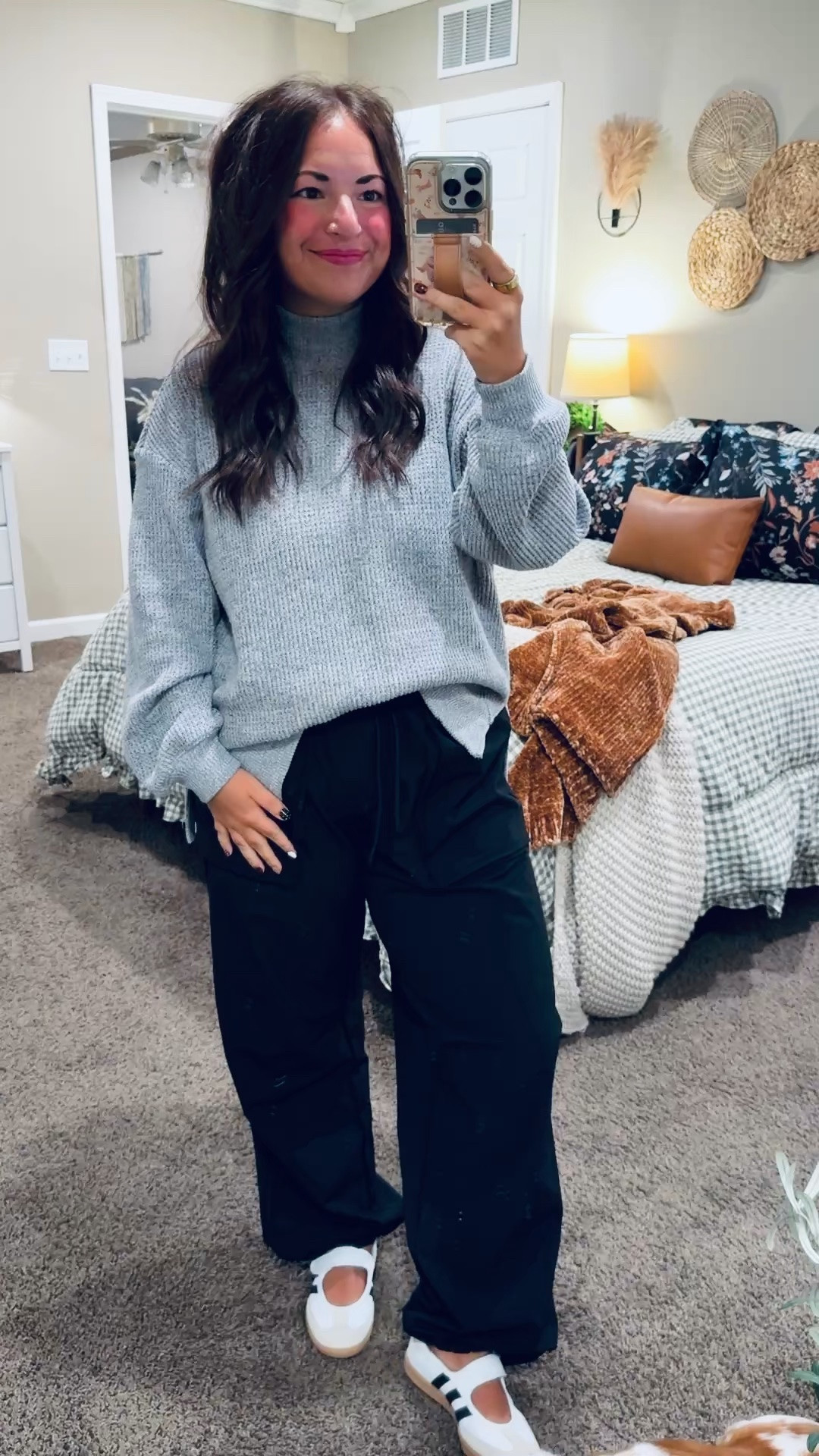 Cozy classroom outfit inspo! 🖤 A relaxed gray sweater, black wide-leg pants & the cutest Mary Jane flats. Comfy for a busy school day, with a little cameo from Piper! 🐶

sneakers: fit true to size // wearing a kids 3.5 (linking adult size as well)
pants: fit oversized // wearing a medium
mockneck: fits oversized // wearing a medium 

 #LTKootd #LTKMidsize #LTKWorkwear